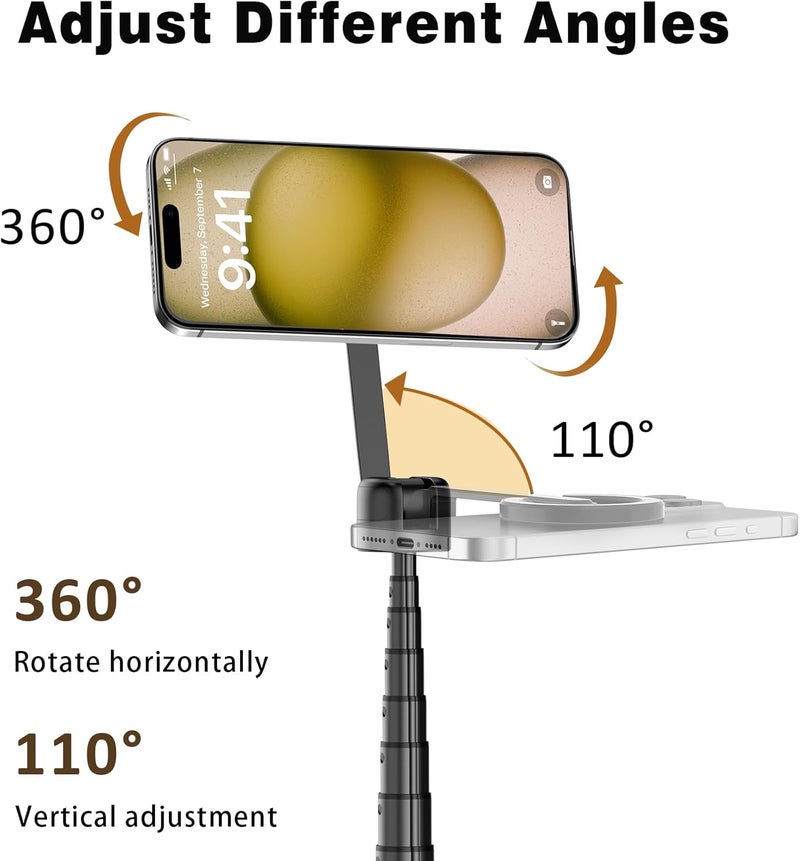 TONEOF 68" Magnetic Selfie Stick Tripod with Aluminum Strong Magnetic Holder for Magsafe, 360° Rotatable Travel Phone Tripod Stand with Metal Ring & Rechargeable Remote for iPhone/Android（Black） - Image 5